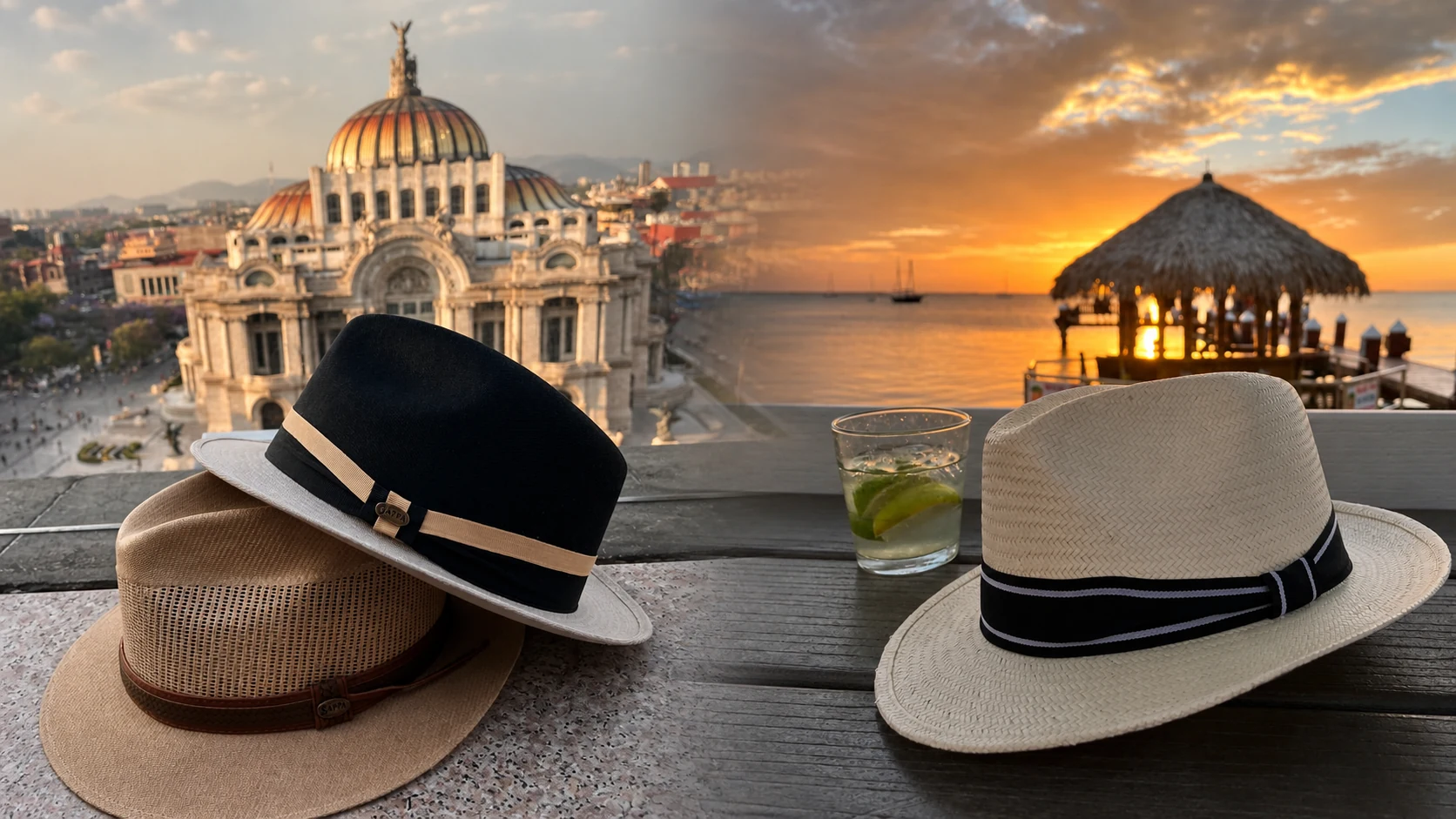 SAPPA Collection A hats between Bellas Artes and a seaside sunset