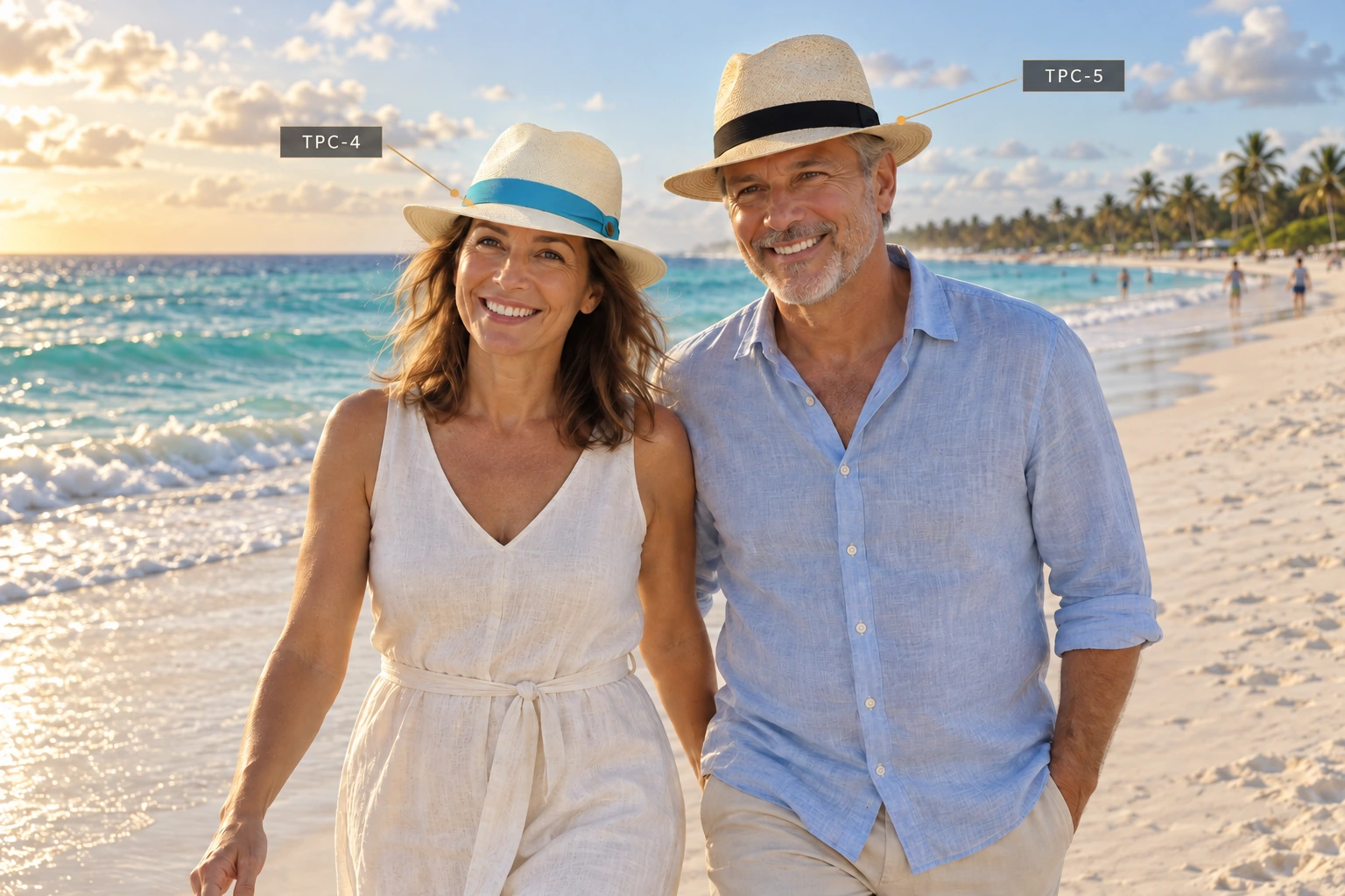 Beach couple wearing SAPPA TPC-4 and TPC-5 hats