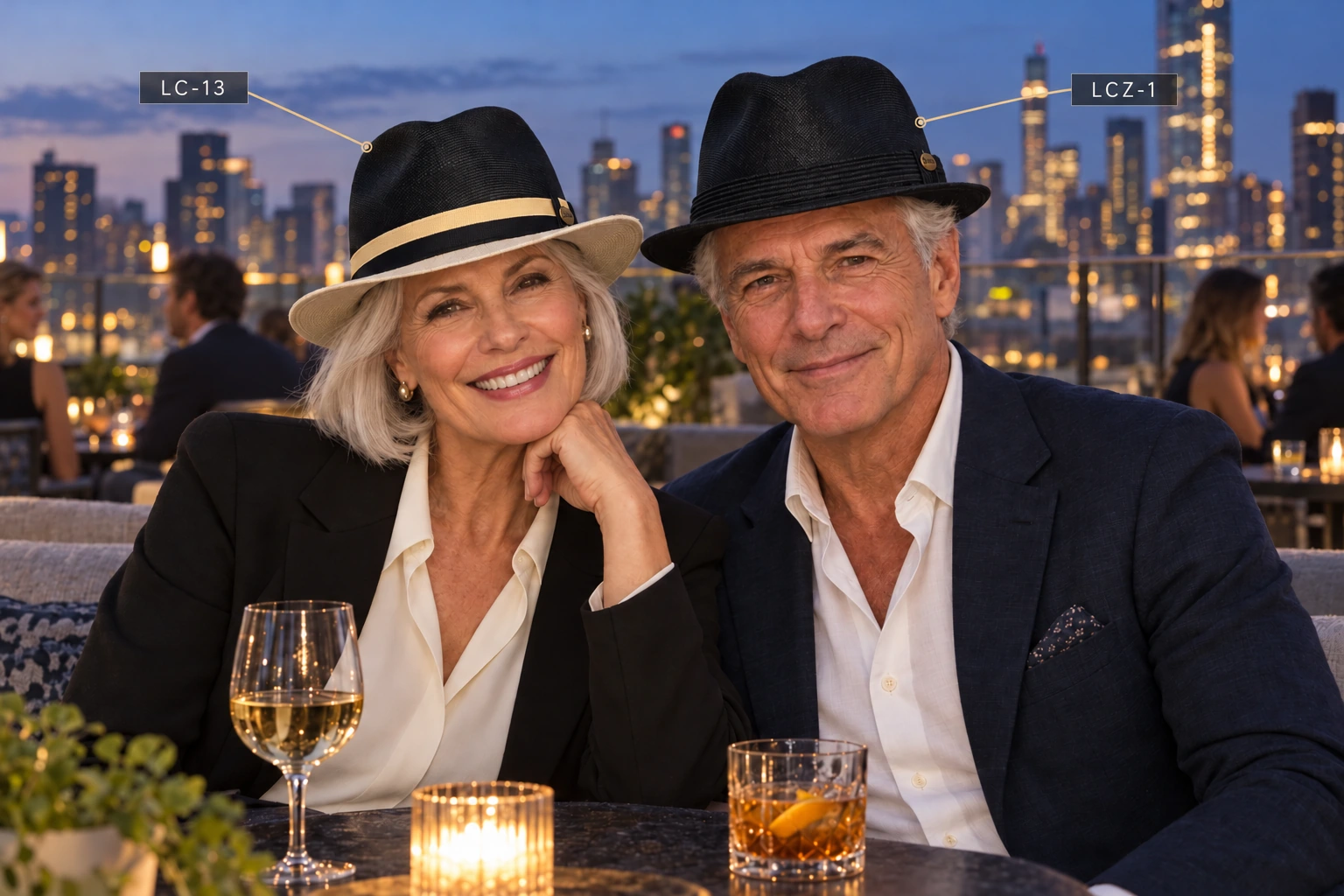 Older couple on a rooftop wearing SAPPA LC-13 and LCZ-1 hats